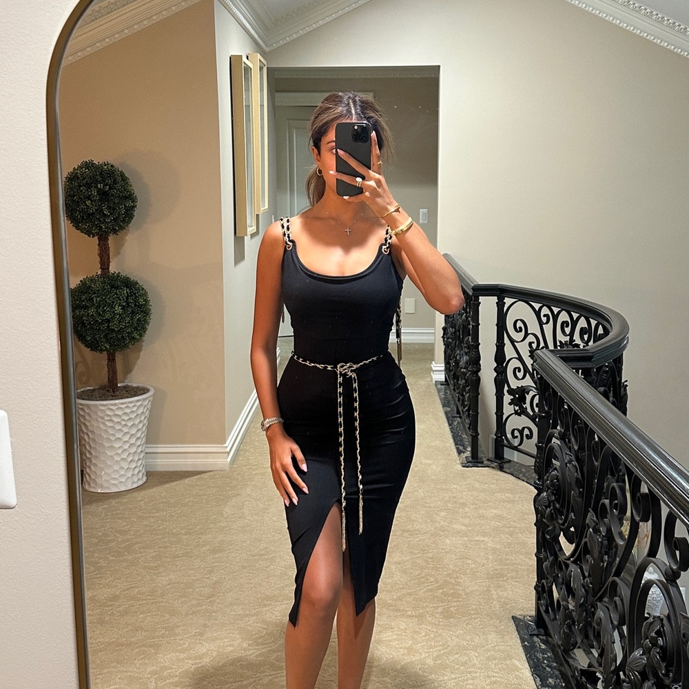 Black Asymmetrical Dress with Chain Straps